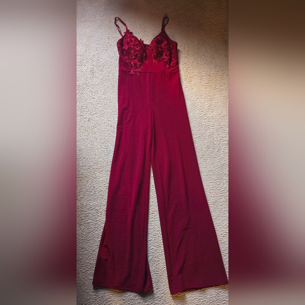 Burgundy embroidered jumpsu